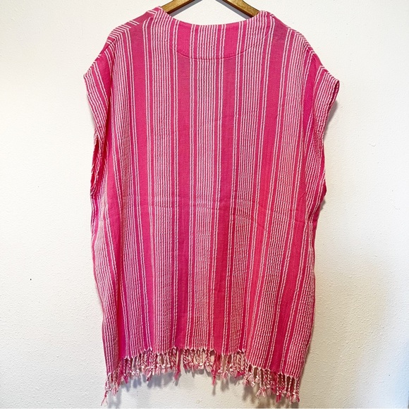 ZARA kaftan fringe coverup Cotton Pink striped medium large - Picture 6 of 7